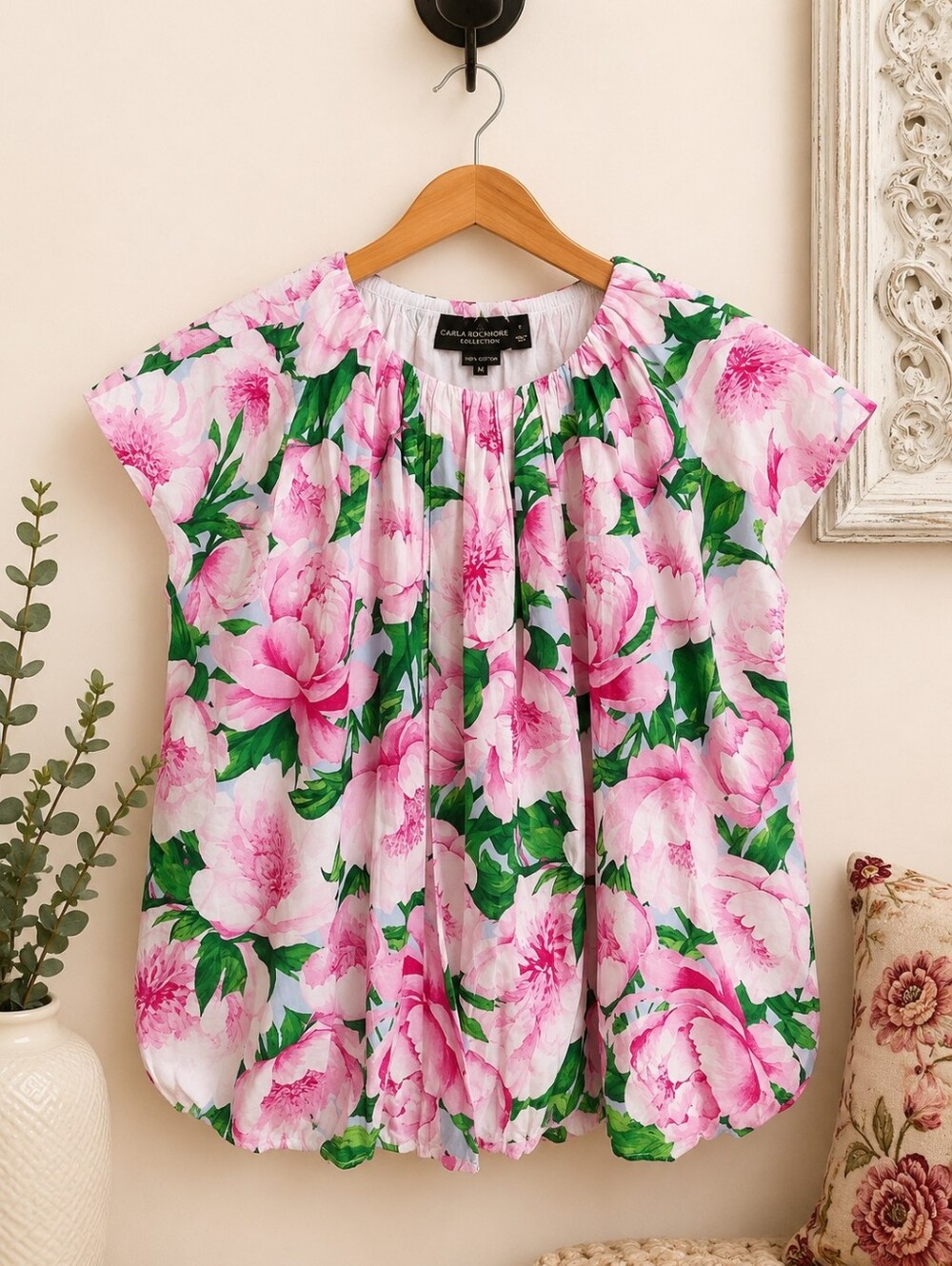 Carla Rocchi Pink Peony Floral Balloon Cotton Blouse
